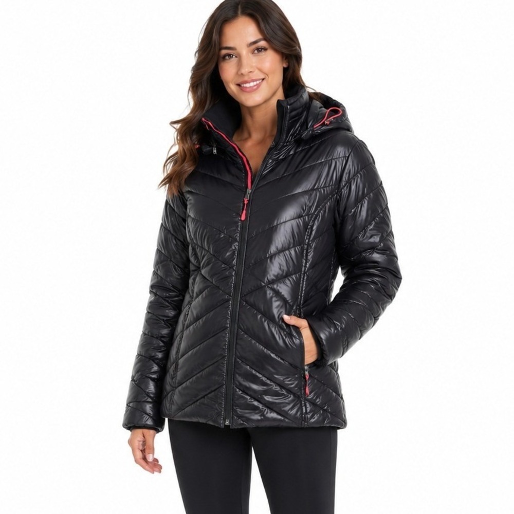 Tek Gear Warm Tek Puffer Jacket Black Pink Hooded Quilted Insulated Coat | Small